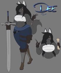 ass breasts claymore_(sword) dee(dewwydartz) dewwydarts dewwydartz female furry hourglass_figure looking_at_viewer merchant tail thick_thighs wide_hips wolf