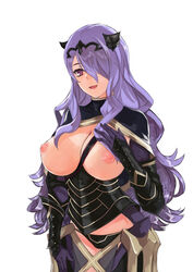 1girls armor big_breasts black_armor black_panties blazingchaos breasts camilla_(fire_emblem) capelet cowboy_shot female fire_emblem fire_emblem_fates gloves hand_on_own_chest hips large_breasts leather lips loincloth long_hair looking_at_viewer narrow_waist nipples no_bra panties purple_eyes purple_gloves purple_hair shiny shiny_clothes shiny_hair shiny_skin simple_background smile solo thighs tiara topless underwear vambraces very_long_hair wavy_hair white_background wide_hips