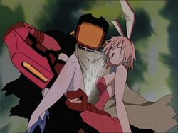 1girls bunnysuit canti edit edited_screencap fingering flcl haruko_haruhara orgasm pink_hair screenshot_edit squirting wet