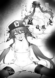 1girls ass bikini blush breasts censor_bar censored cowgirl_position doujinshi female genshin_impact greyscale hu_tao_(genshin_impact) looking_at_viewer monochrome nipples remora180 sex small_breasts spread_legs text thighhighs translation_request vaginal_penetration