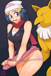 1boy 1girls anthro black_background blue_eyes blue_hair blush breasts dawn_(pokemon) female groping hat humanoid hypno looking_back nintendo no_mouth panties pants_down pokemon pokemon_(species) pokemon_dppt pokemon_rgby standing thick_thighs yellow_body zznakuu