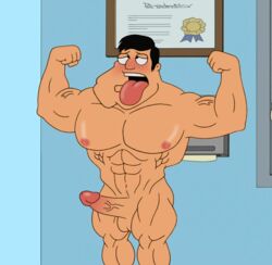 1boy abs american_dad bara blush bodybuilder cleft_chin crossed_eyes daddy erect_nipples erection flexing hairless large_penis male male_only muscular_male nipples nude pecs penis public stan_smith thick_thighs tongue_out veins veiny_penis