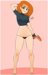 1girls disney female female_only female_protagonist gloves green_eyes gun kim_possible kimberly_ann_possible long_hair red_hair rodjim solo t-shirt thong tight_clothing underwear