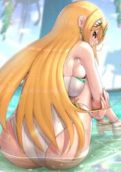 1girls 2021 alternate_costume armpits arms_around_legs ass ass_focus backboob bangs blonde_hair blue_sky blush breast_squish breasts detailed_background earrings facing_forward female female_focus female_only gold_eyes gonzarez hair_ornament heels hi_res highleg_swimsuit huge_ass huge_breasts leaning_forward light_blush long_hair looking_at_viewer looking_back mythra nintendo one-piece_swimsuit outdoors sitting swept_bangs swimsuit thick_thighs thigh_strap thighs tiara very_long_hair water wedgie wet wet_body white_heels white_swimsuit xenoblade_(series) xenoblade_chronicles_2