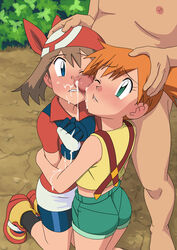 1boy 2girls ass bandana bike_shorts blue_eyes blush breasts brown_hair censored clothed clothed_female clothed_female_nude_male clothing colored double_facejob facejob faceless_male fat_man female female_focus fully_clothed green_eyes hug hugging human kasumi_(pokemon) legs male may_(pokemon) miraa_(chikurin) mosaic_censoring multiple_girls nintendo nude nude_male orange_hair penis penis_between_cheeks penis_between_faces penis_on_cheek pokemon pokemon_rgby pokemon_rse red_bandana red_hair shirt small_ass small_breasts straight suspenders video_games younger_male