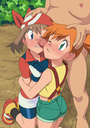 1boy 2girls ass bandana bike_shorts blue_eyes blush breasts brown_hair censored clothed clothed_female clothed_female_nude_male clothing colored double_facejob facejob faceless_male fat_man female female_focus fully_clothed green_eyes hug hugging human kasumi_(pokemon) legs male may_(pokemon) miraa_(chikurin) mosaic_censoring multiple_girls nintendo nude nude_male orange_hair penis penis_between_cheeks penis_on_cheek pokemon pokemon_rgby pokemon_rse rape red_bandana red_hair shirt small_ass small_breasts straight suspenders video_games younger_male