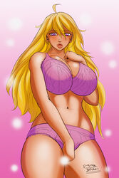 1girls blonde_hair bra breasts cleavage female female_only hand_on_pussy heart-shaped_pupils large_breasts long_hair navel open_mouth panties pink_bra pink_panties pink_underwear purple_eyes rwby smiling_samurai solo underwear yang_xiao_long