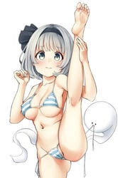 :3 absurdres bangs bikini black_hairband black_ribbon blue_bikini blush bob_cut breasts cameltoe closed_mouth commentary covered_nipples cowboy_shot eyebrows_visible_through_hair feet female frown ghost grey_eyes grey_hair hair_ribbon hairband halterneck highres kneepits leg_hold leg_up looking_at_viewer medium_breasts myon navel pegashi ribbon short_hair side-tie_bikini simple_background soles solo splits standing standing_on_one_leg string_bikini striped striped_bikini swimsuit toes touhou untying vertical_splits white_background youmu_konpaku