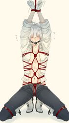 abs arms_above_head arms_tied arms_up ball_gag bondage boots clear_(dramatical_murder) cute_male dramatical_murder frogtie gag gloves male malesub red_rope rope rope_bondage shibari solo_male straps tied_up unbuttoned_pants unbuttoned_shirt white_hair