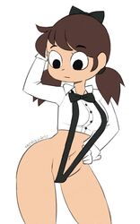 bibi_(nebularts) big_breasts big_hips brown_hair button_up_shirt gloves hand_on_head hand_on_hip looking_down nebularts sling_bikini white_gloves white_shirt