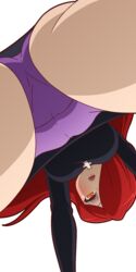 1girls ass color colored cross from_below fully_clothed ginger ginger_hair looking_at_viewer looking_down manyakis only_female open_mouth panties parasoul purple_panties red_hair redhead skullgirls solo tagme upskirt