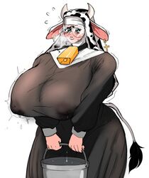 1girls 2020 blue_eyes blush bucket cow_ears cow_girl cow_horns cow_print cow_tail cowbell curvaceous curvy embarrassed embo female female_only glasses holding_bucket horns huge_breasts lactation lactation_through_clothes long_ears looking_at_viewer nipple_bulge nun nun's_habit round_glasses solo solo_female steamy_breath tail tail_tuft white_background