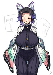 angry big_breasts black_hair bursting_breasts butterfly_hair_ornament closed_eyes coffeelove68 demon_slayer female female_only fully_clothed haori kimetsu_no_yaiba kochou_shinobu solo straining_buttons thigh_gap tight_clothing two_tone_hair