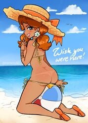 1girls ass beach bikini blue_eyes breasts brown_hair female full_body fur kneeling mario_(series) nintendo nipples outdoors patreon princess_daisy raranuki sandals short_twintails smile solo straw_hat tagme tied_hair twintails