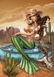 1animal 1girls animal_skull armlet artist_signature bangle blue_eyes breasts brown_hair cacti cactus canyon cloud cowboy_hat day daytime desert earrings facing_viewer fairy_tales full_body grimm_fairy_tales_(comic) grimm_fairy_tales_zenescope grimms'_fairy_tales hat_only hitchhiking inflatable_pool jewelry_only kiddie_pool light-skinned_female lizard looking_at_viewer medium_breasts mermaid mermaid_tail mountain naked_hat naked_jewelry necklace nei_ruffino nipples no_bra outdoor_nudity outdoors partially_submerged pink_highlights placard reptile sky small_nipples tan-skinned_female texas the_little_mermaid_(zenescope) wading_pool zenescope zenescope_entertainment