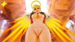 1girls 3d blonde_hair blue_eyes covering_breasts exposed_pussy from_below highres italessio27 light-skinned_female looking_at_viewer looking_down mercy overwatch pov pussy_visible_through_clothes solo transparent_clothing