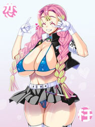 alternate_costume big_breasts bikini blue_bikini braided_hair demon_slayer female female_only gloves huge_breasts kanroji_mitsuri kimetsu_no_yaiba kinokoallstars long_hair micro_bikini miniskirt mole_under_eye nipple_bulge nipples_visible_through_clothing open_jacket pink_hair pleated_skirt smile solo thick_thighs thighhighs two_tone_hair underboob white_gloves wide_hips