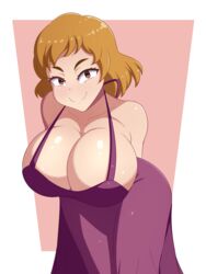 arms_behind_back big_breasts blush breasts cleavage dress fake_face long_legs nanatsu_no_taizai smile thick vivian_(nanatsu_no_taizai)