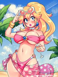 1girls beach big_breasts bikini blonde_hair blue_eyes breasts cleavage drink earrings female female_only mario_(series) nintendo outdoors pink_bikini ponytail princess_peach rumblyf sarong sky solo standing sunglasses sunglasses_on_head swimsuit tagme thick_thighs tied_hair underboob