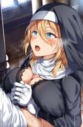 1boy belko between_breasts blonde_hair blue_eyes breasts censored female lolicept nun open_mouth original original_character paizuri penis praying sweat tears