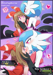 ? ambiguous_gender back blue_hair blush brainwashing brown_hair clothing draining_kiss draining_kiss_(pokemon_move) energy_drain eye_contact eyelashes eyeliner female female_human female_pokemon/female_human femsub furry gameplay_mechanics gardevoir headband health_bar heart hetero human human_on_anthro hypnosis interspecies kiss kissing life_bar lifebar long_hair lospa lospa_mog makeup may_(pokemon) may_(pokemon_oras) medium_hair mega_evolution mega_gardevoir mega_shiny_gardevoir mind_control open_mouth pokémon_(species) pokemon pokemon_(species) pokemon_battle pokemon_oras pokephilia saikikku saliva shiny_pokemon size_difference smaller_female sweat