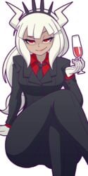 1girls business_suit color colored crossed_legs eyebrows_behind_hair fully_clothed helltaker hourglass_figure lucifer_(helltaker) manyakis mole_(marking) mole_under_eye red_eyes seductive_smile solo solo_female solo_focus suit tagme transparent_background white_hair wine