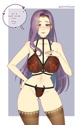 1girls alternate_costume bare_thighs blue_eyes bride brown_panties collarbone cryptid_crab earrings english_text fire_emblem fire_emblem_echoes:_shadows_of_valentia large_breasts lingerie lips long_hair looking_at_viewer nintendo panties purple_hair ring smile solo solo_female sonya_(fire_emblem) text thick_thighs thighhighs very_long_hair wedding_ring