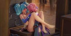 2girls 3d bandaged_arm barefoot blue_eyes blue_hair blush blushing clothed clothed_female clothed_female_nude_female completely_naked completely_nude completely_nude_female detailed_background embarrassed embarrassed_nude_female enf evie_(paladins) eye_contact feet female female/female female_focus heart-shaped_pupils holding_head jineisho kissing leg_lock legs_around_partner maeve_(paladins) multiple_girls nude nude_female only_one_naked paladins pink_hair public public_nudity saliva saliva_trail short_hair small_breasts twintails watermark yuri