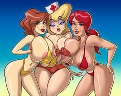 3girls animaniacs april_o'neil april_o'neil_(tmnt_1987) auburn_hair bandeau_bikini bikini blonde_hair blue_eyes breasts_to_breasts cbs_(broadcasting_company) crossover erect_nipples erect_nipples_under_clothes eyeshadow g.i._joe grabbing_own_breast hand_on_ass hanging_breasts hasbro hello_nurse hourglass_figure huge_breasts light-skinned_female light_skin lipstick long_hair micro_bikini multiple_girls nipple_slip nurse_cap phazyn ponytail red_hair red_lipstick scarlett_(g.i._joe) seductive_look seductive_smile short_hair squeezing_breast teenage_mutant_ninja_turtles thong_bikini threesome tmnt_1987 warner_brothers wide_hips