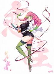 ass big_ass big_breasts braided_hair clothing demon_slayer female female_only full_body green_eyes haori huge_breasts kanroji_mitsuri kimetsu_no_yaiba mole_under_eye open_clothes pink_hair punc_p sandals skirt socks solo sword thighhighs two_tone_hair zettai_ryouiki