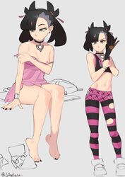 1girls black_hair black_nails breasts choker earrings eyelashes female female_only green_eyes l4wless leggings looking_at_viewer marnie_(pokemon) multiple_views nail_polish nintendo nipples pants pink_dress pokemon pokemon_ss single_glove small_breasts twitter_username