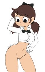 1girls bibi_(nebularts) big_breasts big_hips bottomless brown_hair button_up_shirt female female_only gloves hand_on_head hand_on_hip looking_down navel nebularts no_panties pussy solo white_background white_gloves white_shirt