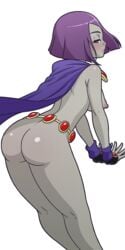 1girls ass cape cape_only cartoon_network color colored dat_ass dc dc_comics demon_girl female forehead_jewel grey_skin manyakis nude nude_female nudity partially_clothed purple_eyes purple_hair rachel_roth raven_(dc) short_purple_hair superheroine tagme teen_titans transparent_background