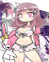 1girls big_breasts bikini bourbunbun breasts busty clothed clothing danganronpa danganronpa_2:_goodbye_despair female female_only human light-skinned_female light_skin monomi_(danganronpa) mostly_nude nanami_chiaki pale_skin solo standing straight_hair super_danganronpa_2