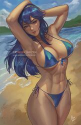 1girls abs absurdres alternate_breast_size alternate_costume armpits arms_behind_head beach bikini blue_bikini blue_eyes blue_hair blue_swimsuit breasts female fire_emblem fire_emblem_awakening heizen highres large_breasts lips long_hair lucina_(fire_emblem) nintendo ocean pose sideboob solo swimsuit tiara toned underboob