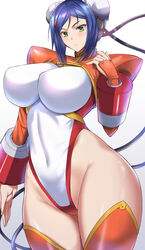 1girls arcana_heart bangs blue_hair blush breasts bun_cover covered_navel double_bun female fully_clothed green_eyes highleg highleg_leotard kumakichi_(cost-lost) large_breasts leotard looking_at_viewer mei-fang orange_legwear red_leotard shrug_(clothing) thighhighs thighs two-tone_leotard white_leotard wide_hips