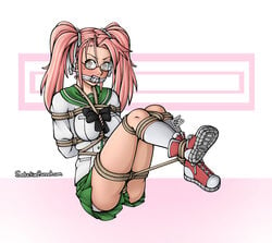 1girls bondage bound_and_gagged cleave_gag female female_only gag glasses highschool_of_the_dead nerdy_female pink_hair pink_shoes rope_bondage saya_takagi seductivebunneh shoes socks solo solo_female tied_up twintails