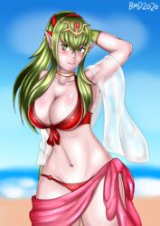 1girls adult alternate_costume armpits bikini bmd18plus fire_emblem fire_emblem_awakening fire_emblem_heroes green_eyes green_hair large_breasts long_hair nintendo pointy_ears ponytail red_bikini red_swimwear sarong see-through smile solo solo_female swimsuit tiki_(adult)_(fire_emblem) tiki_(adult)_(summer)_(fire_emblem) tiki_(fire_emblem) veil