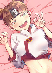 1girls after_sex bed bed_sheet blush bottomless brown_eyes brown_hair clothed clothed_female clothing cum cum_on_body cum_on_lower_body cum_on_stomach cute double_bun drool drooling ejaculation female female_focus female_only forehead_protector hair_bun headband jiyun light-skinned_female light_skin lips looking_pleasured naruto naruto_(series) naruto_shippuden on_back on_bed open_mouth pink_lips pleasure_face saliva saliva_drip shirt_lift shirt_up shounen_jump solo solo_female solo_focus tenten