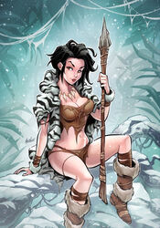 black_hair boots comic_cover cover_art fur_boots fur_coat grimm_fairy_tales_(comic) grimm_fairy_tales_zenescope grimms'_fairy_tales jungle loincloth looking_at_viewer martin_abel mowglii_(zenescope) necklace ragged_bikini ragged_clothing rule_63 short_hair sitting sitting_on_log sitting_on_tree smug_face snow spear the_jungle_book tiger_skin white_tiger_print winter zenescope zenescope_entertainment