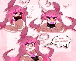 :3 blowjob cute deepthroat deepthroat_holder deepthroat_smile dialogue dildo dildo_mask eyeshadow gag gagged_speech gagging lee_(secretnarcissist) long_hair mask meme oral pink_eyes pink_hair secretnarcissist solo teenager throat_training