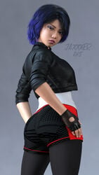 1girls 3d ass ass_focus big_ass big_hero_6 brown_eyes disney female female_only fingerless_gloves gogo_tomago human jaxxxer leather_jacket leggings leggings_under_shorts lipstick looking_at_viewer looking_back marvel multicolored_hair pout purple_hair short_hair shorts shoulder_length_hair solo thick_thighs wide_hips