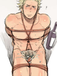 1boy alcohol alcoholic_drink arms_behind_back arms_tied_behind_back bara_tiddies bara_tits blonde_hair confused confused_look drunk haikyuu!! intoxicated male male_nipples male_only pecs pubic_hair small_penis solo strapped_down tied_up ukai_keishin wine_bottle