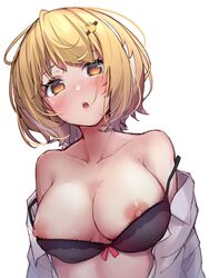 absurdres black_bra blonde_hair blush bow bow_bra bra bra_pull breasts clothes_pull female heart heart-shaped_pupils highres large_breasts looking_at_viewer nipples open_clothes open_mouth open_shirt shirt short_hair symbol-shaped_pupils taremimi_usagi underwear white_background