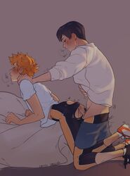 2boys ass black_hair butt buttjob clothing gay genitals haikyuu!! hot_dogging hotdogging male male/male male_only on_knees orange_hair pants pants_down penis penis_between_ass pubes pubic_hair ripped_clothing ripped_pants shoulder_grab shoyo_hinata spacenipnops sportswear tagme tobio_kageyama yaoi