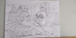 2girls bed lingerie monochrome original_character pedro_perez photo_(medium) trizia_(pedro_perez)