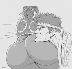 1girls ass big_ass capcom chun-li clothed dat_ass head_on_ass headband huge_ass kaellzor large_ass legs monochrome plump_ass ryu_(street_fighter) street_fighter