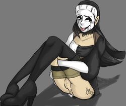 1boy alemage balls ballsack black_hair blank_background bottomless clothed clothing exposed_balls femboy light-skinned_male light_skin male male_only pale_skin partially_clothed scp scp-035 scp035 scp_containment_breach scp_foundation shirt sitting solo thigh_boots tights_down tongue tongue_out