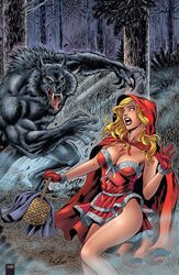 al_rio blonde_hair blue_eyes comic_cover cover_art forest forest_background frightened grimm_fairy_tales_(comic) grimm_fairy_tales_zenescope grimms'_fairy_tales hood imminent_rape light-skinned_female little_red_riding_hood night night_time pale-skinned_female panties_showing panty_shot picnic_basket red_cape red_dress red_gloves red_hood red_outfit red_riding_hood short_skirt skimpy_clothes skimpy_dress skimpy_outfit thighs tom_smith_(comic_artist) werewolf wolf zenescope zenescope_entertainment