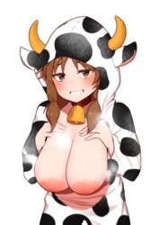 animal_costume animal_ears animal_hood animal_print areolae bangs bell blush breasts breasts_out brown_eyes brown_hair cleavage collar collarbone commentary_request cow_costume cow_ears cow_hood cow_horns cow_print cowbell eyebrows_visible_through_hair fake_animal_ears fake_horns female grin hair_tie hands_on_own_chest hands_up highres hood hood_up horns idolmaster idolmaster_cinderella_girls inverted_nipples katagiri_sanae large_areolae large_breasts long_hair long_sleeves looking_at_viewer low_twintails minakamirin neck_bell nipples short_twintails simple_background smile solo standing steaming_body sweat twintails upper_body white_background